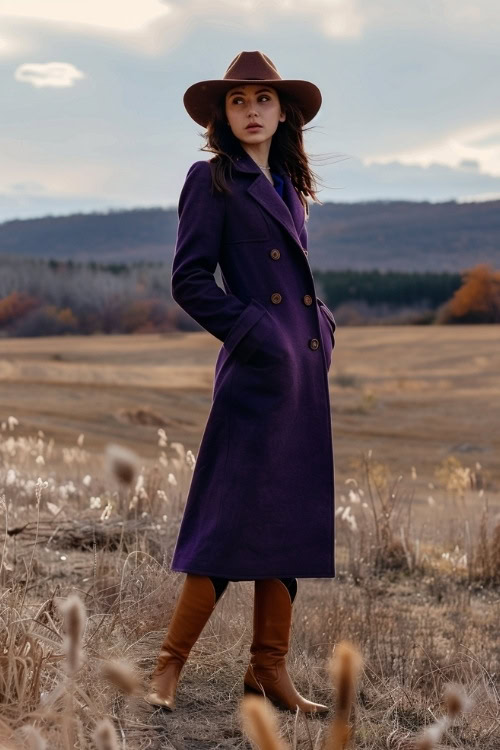 A woman wears a purple trench coat, dark brown cowboy hat, and brown cowboy boots