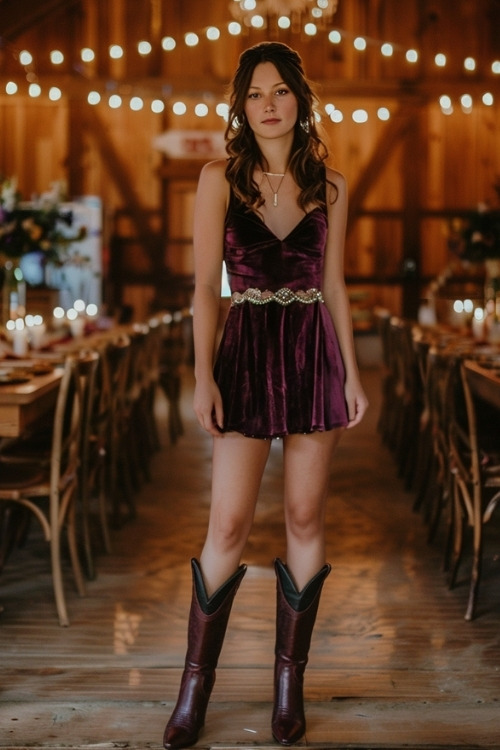 A woman wears a purple velvet mini bridesmaid dress with matching cowboy boots