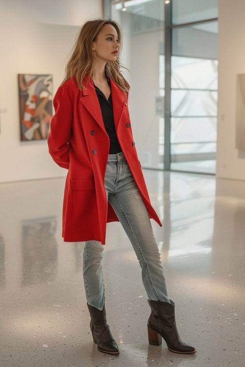 A woman wears a red coat, black blouse, ligh wash jeans, and black ankle cowboy boots