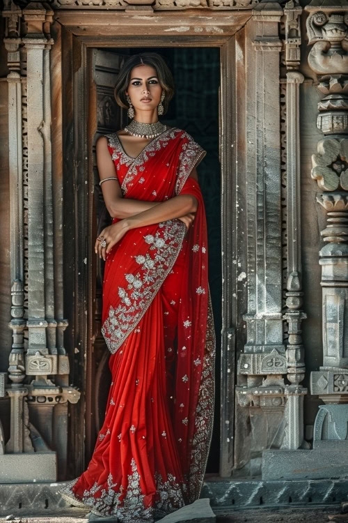 A woman wears a red embroidered wedding guest saree with silver embellishments