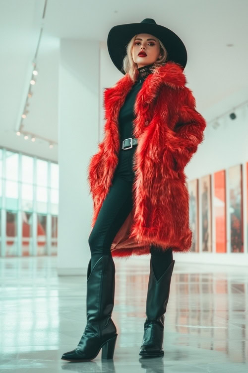 A woman wears a red fur coat, black top. black pants, black cowboy hat, and black cowboy boots