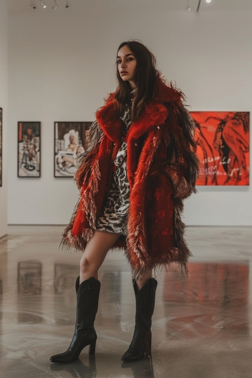 A woman wears a red fur coat, leopard print dress, and black cowboy boots