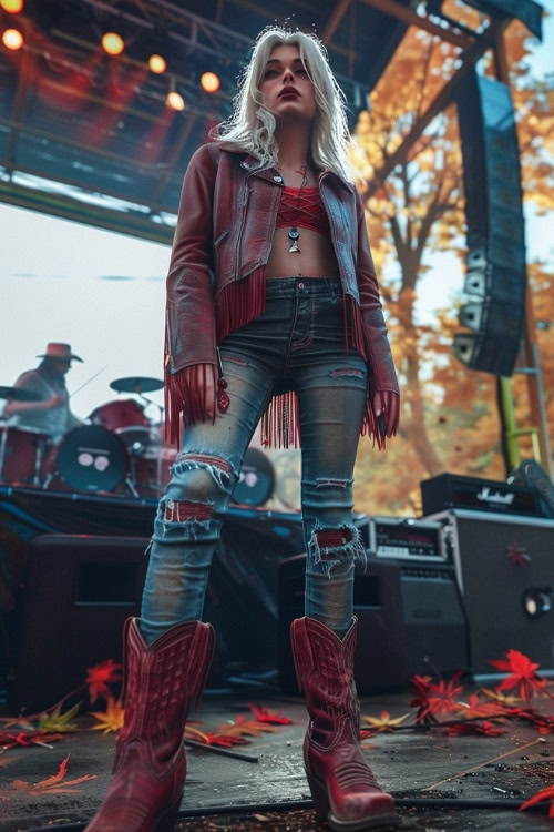 A woman wears a red leather jacket, red top, ripped jeans, and red cowboy boots