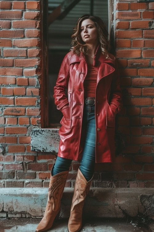 A woman wears a red leather trench coat, red shirt, blue jeans, and brown cowboy boots