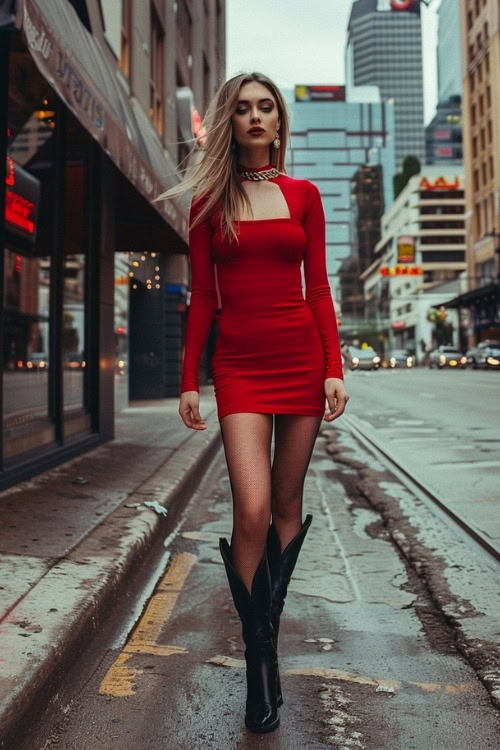 A woman wears a red long-sleeve bodycon dress and black cowboy boots