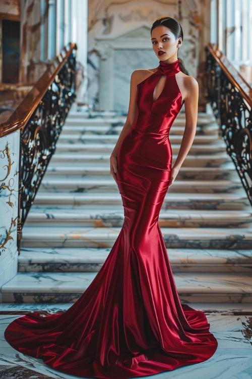 A woman wears a red satin mermaid wedding guest gown with a keyhole neckline