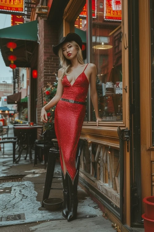 A woman wears a red sequin midi bodycon dress with a slit and black cowboy boots with a wide-brimmed hat