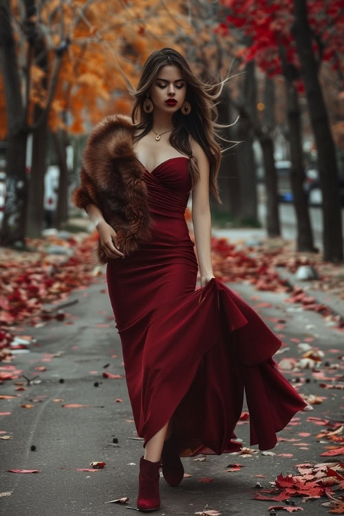 A woman wears a red strapless wedding guest dress with a fur stole and red ankle boots