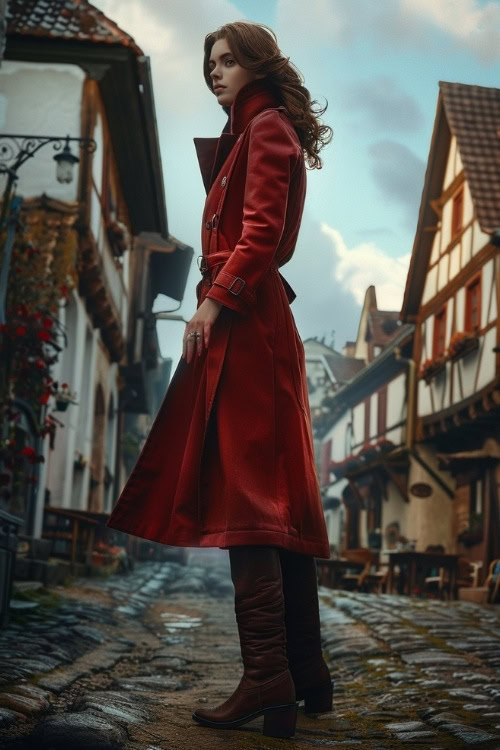 A woman wears a red trench coat and brown cowboy boots