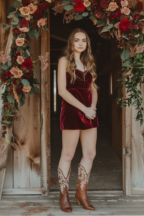 A woman wears a red velvet mini bridesmaid dress with brown cowboy boots