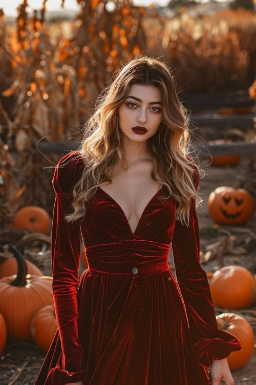 A woman wears a red velvet wedding guest dress with a deep V neckline