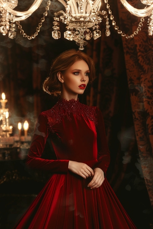 A woman wears a red velvet wedding guest dress with a high neckline and beaded embellishments