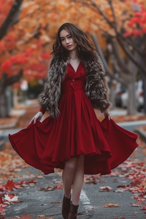 A woman wears a red wedding guest dress with a faux fur shawl and brown ankle boots