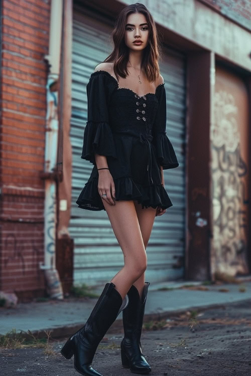 A woman wears a ruffled black dress paired with black cowboy boots, posing on an urban street