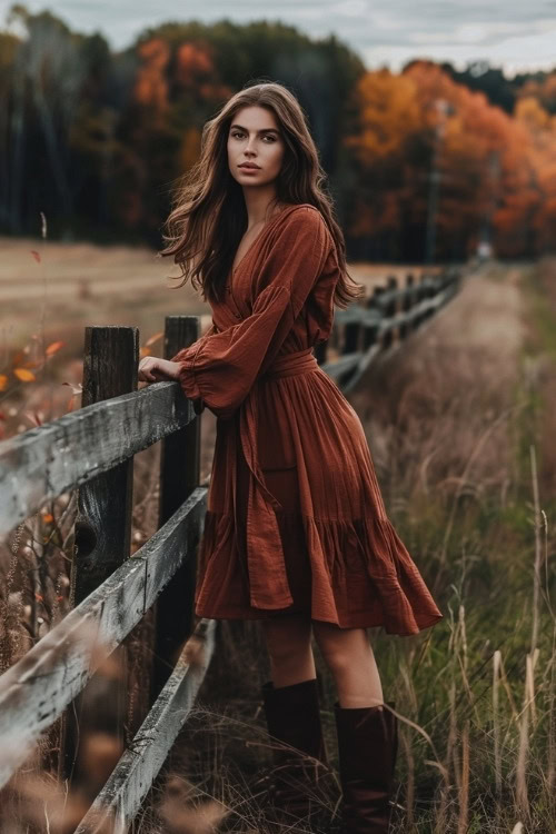 A woman wears a rust-colored pleated country wedding guest dress with brown boots