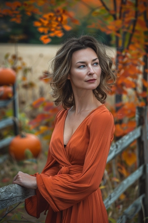 A woman wears a rust-colored wrap country wedding guest dress with a deep V-neck and flowing sleeves