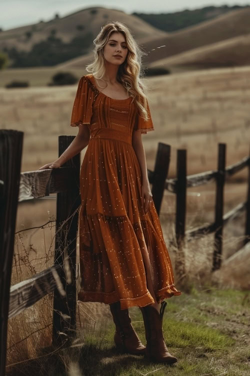 A woman wears a rust country wedding guest dress with brown boots