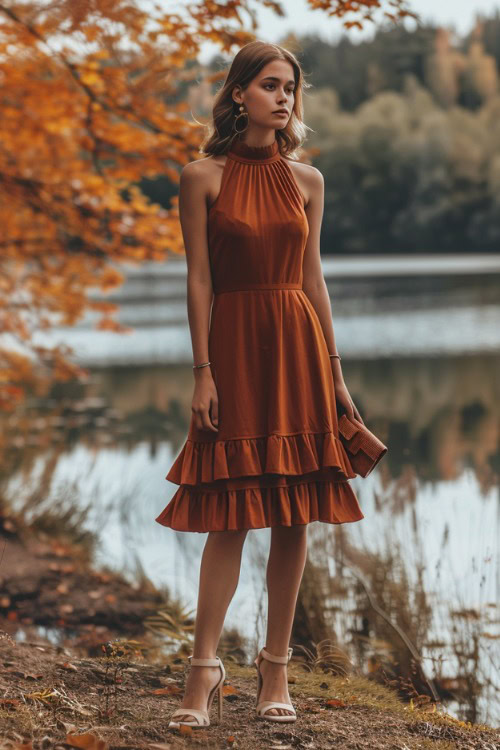 A woman wears a rust halter-neck wedding guest dress with tiered ruffles and beige heels