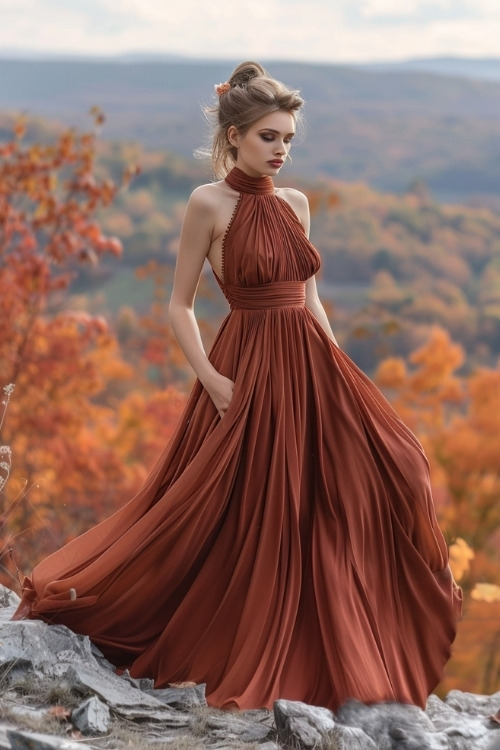 A woman wears a rust pleated wedding guest dress with a high neckline