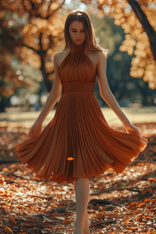 A woman wears a rust pleated wedding guest dress with high neckline