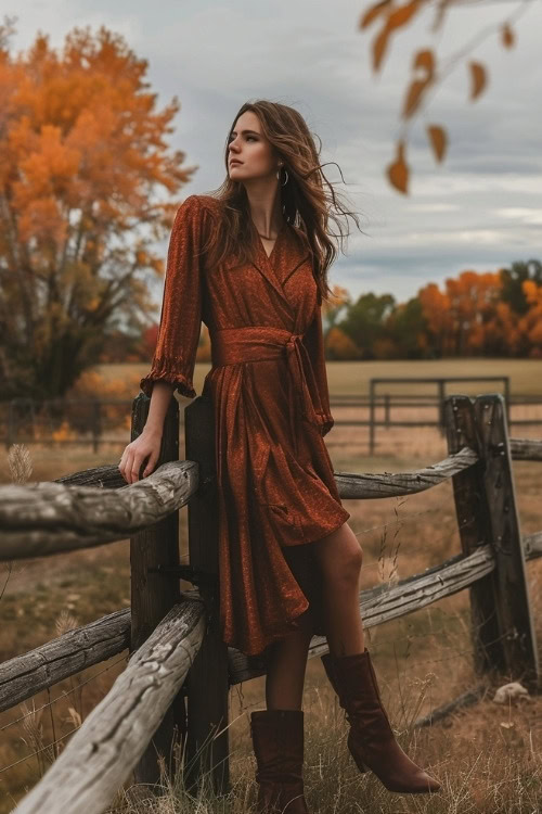 A woman wears a rust wrap country wedding guest dress with brown boots