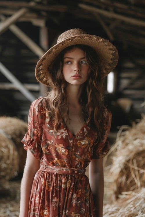 A woman wears a rustic red floral print country wedding guest dress with short sleeves and a wide-brimmed straw hat