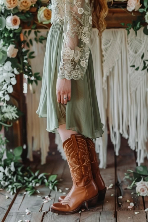 A woman wears a sage lace high-low bridesmaid dress with brown cowboy boots (2)