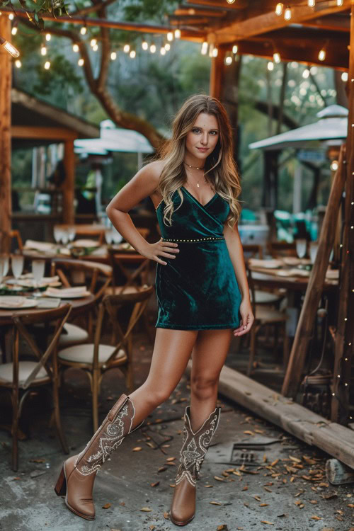 A woman wears a short green Bridesmaids Dress with Cowboy Boots