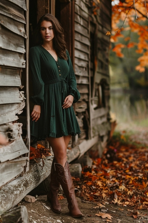 A woman wears a short green country wedding guest dress with brown cowboy boots