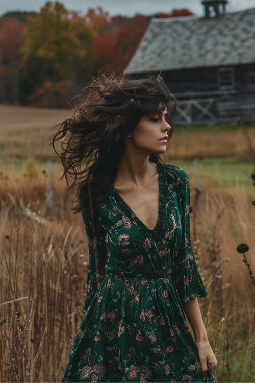 A woman wears a short green floral country wedding guest dress with long sleeves and a deep V-neckline