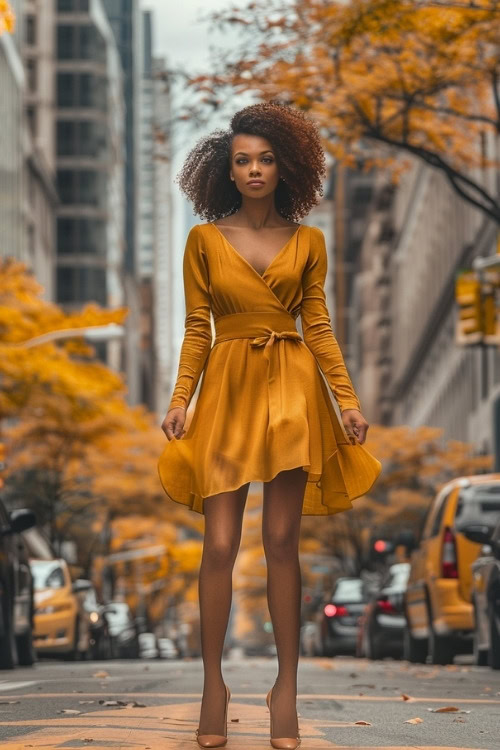 A woman wears a short mustard yellow wrap-style wedding guest dress with matching heels