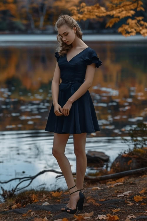 A woman wears a short navy blue wedding guest dress with ruffle sleeves and black heels