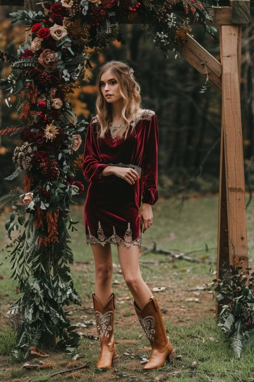 A woman wears a short red velvet mini bridesmaid dress with brown cowboy boots