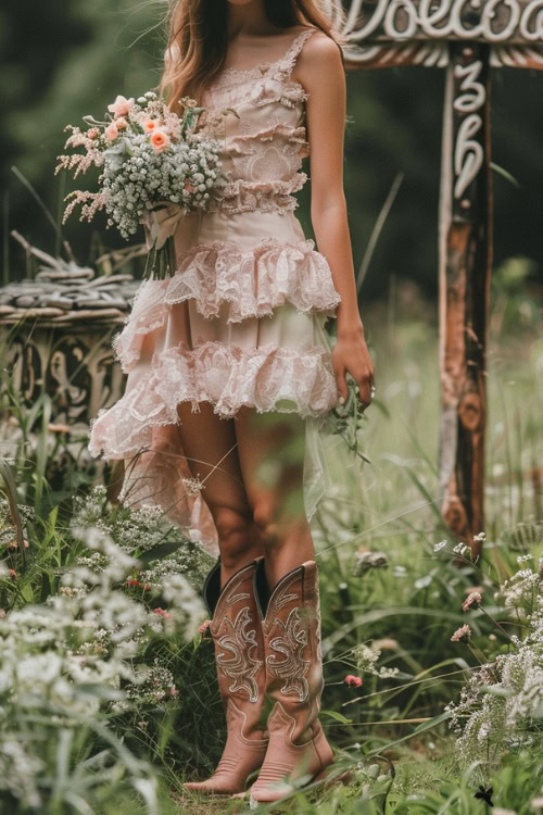 A woman wears a short ruffle Bridesmaids Dress with brown Cowboy Boots