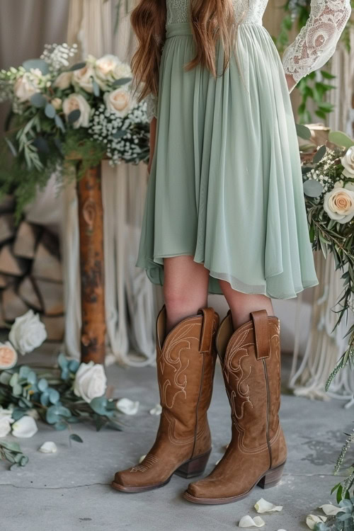 A woman wears a short sage bridesmaid dress with brown cowboy boots