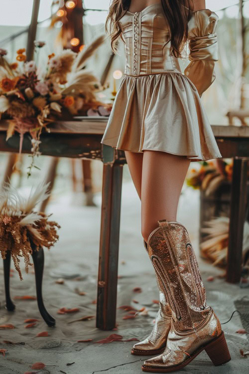 A woman wears a short satin Bridesmaids Dress with silver Cowboy Boots