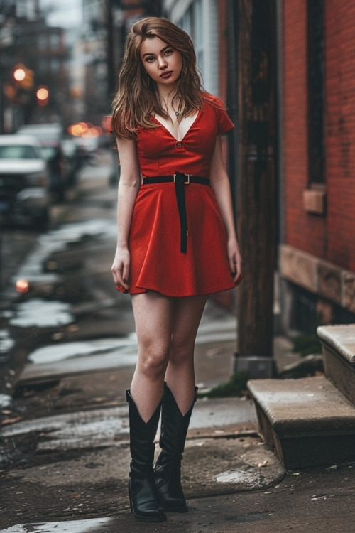 A woman wears a short-sleeved red mini dress with a belt and black cowboy boots