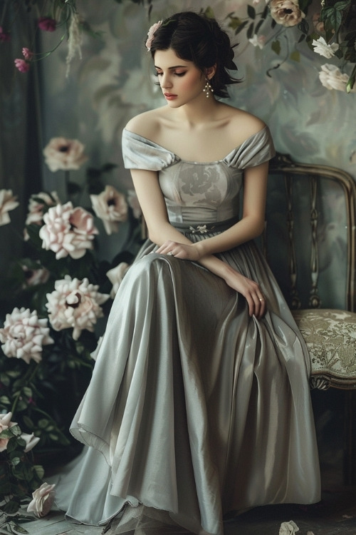 A woman wears a silver off-the-shoulder wedding guest gown