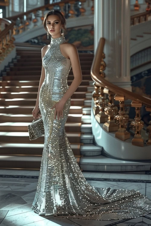 A woman wears a silver sequined wedding guest dress with a matching clutch