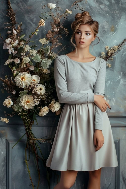 A woman wears a simple gray long-sleeve wedding guest dress with a flared skirt