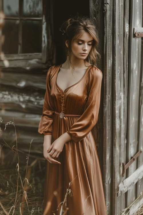 A woman wears a sleek copper satin country wedding guest dress with long sleeves and a plunging neckline