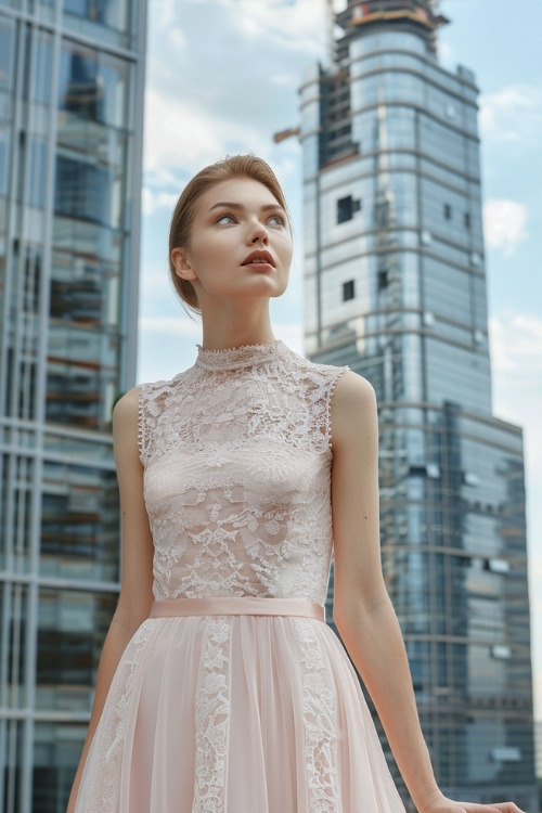 A woman wears a sleeveless light pink wedding guest dress with a belt