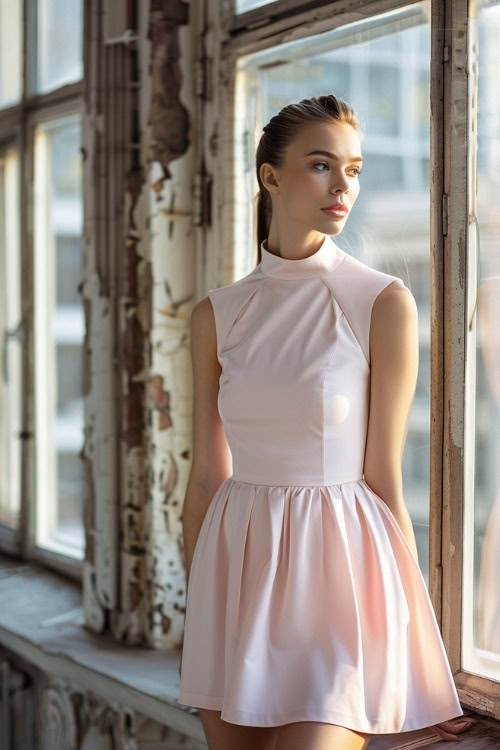 A woman wears a sleeveless light pink wedding guest dress