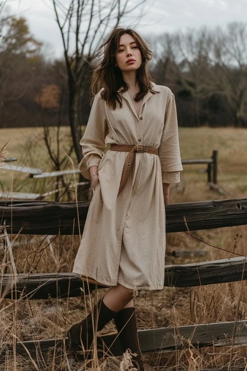 A woman wears a soft beige dress and dark boots for a casual country wedding