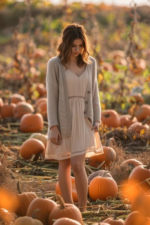 A woman wears a soft beige dress with a gray cardigan for a casual country wedding