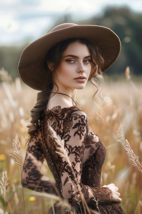 A woman wears a sophisticated brown lace country wedding guest dress with a wide-brimmed hat