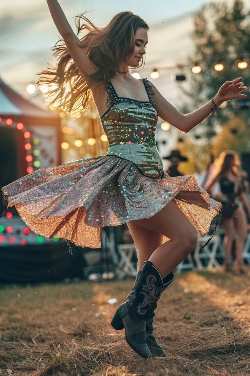 A woman wears a sparkling dress with black cowboy boots