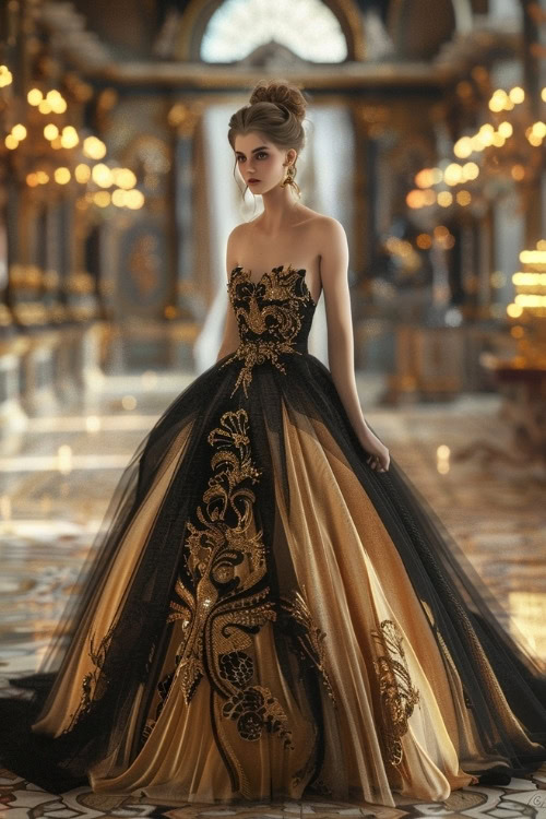 A woman wears a strapless black and gold wedding guest ball gown