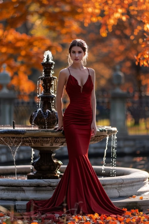 A woman wears a stunning deep red mermaid country wedding guest dress with a plunging neckline and sweeping train