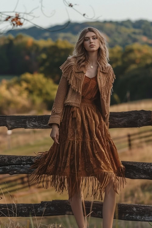 A woman wears a tan fringe country wedding guest dress with a layered skirt and matching jacket